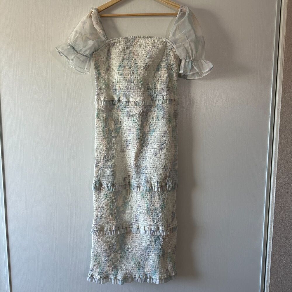 Luba by‎ Hannah Payne Luna Dress Blue Purple Marble Puff Sheer Sleeve Smocked L